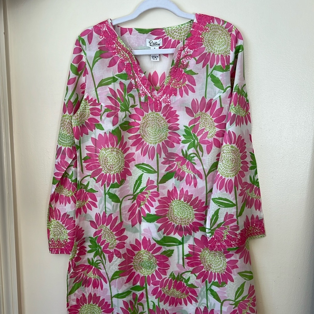 Lilly Pulitzer Pink Green Sunflower Embroidered Sheer Tunic Coverup Sz M